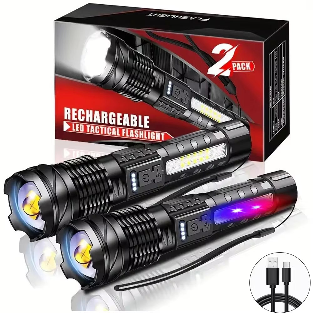 XHP50 Waterproof LED Flashlight with Side Light, 7 Modes, USB Rechargeable, Zoom Function - Ideal for Camping and Fishing