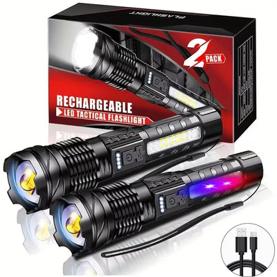 XHP50 Waterproof LED Flashlight with Side Light, 7 Modes, USB Rechargeable, Zoom Function - Ideal for Camping and Fishing