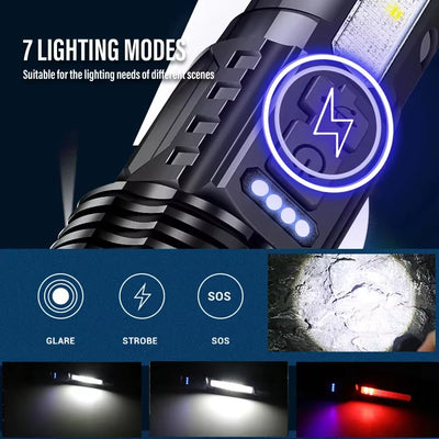 XHP50 Waterproof LED Flashlight with Side Light, 7 Modes, USB Rechargeable, Zoom Function - Ideal for Camping and Fishing