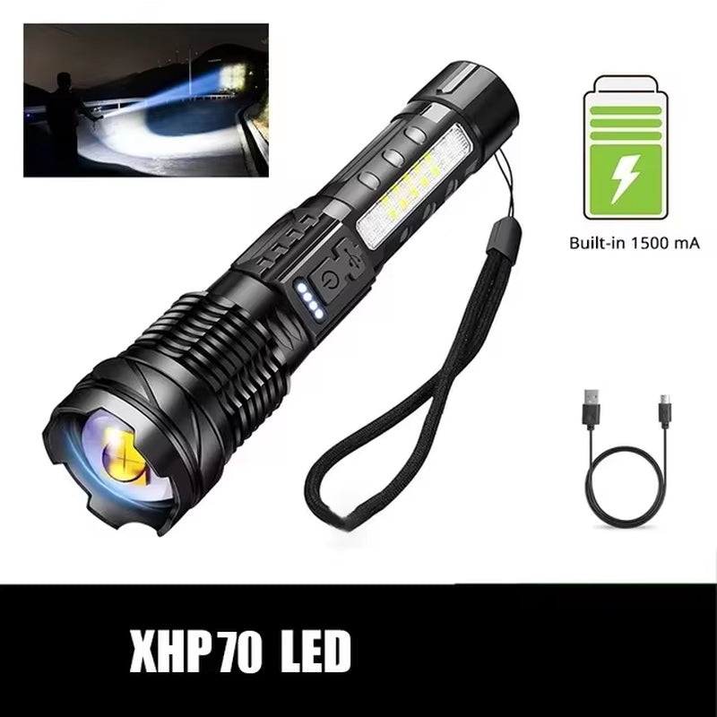 XHP50 Waterproof LED Flashlight with Side Light, 7 Modes, USB Rechargeable, Zoom Function - Ideal for Camping and Fishing